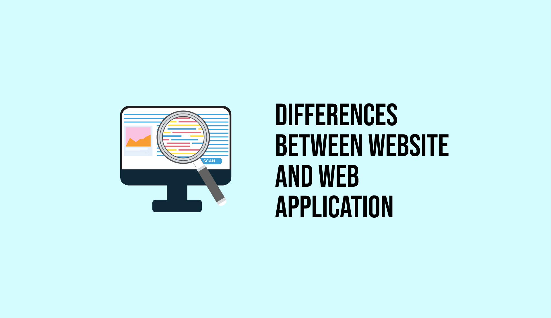 An illustrated computer screen with text on the right side 'Differences between website and web application'.