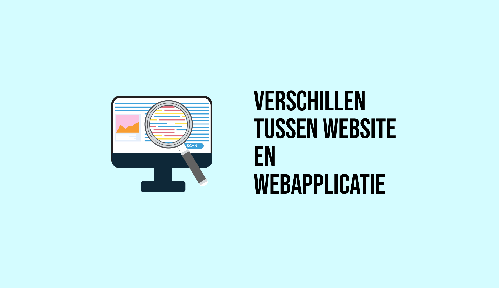 Een geïllustreerd beeldscherm met aan de rechterkant een tekst 'Verschillen tussen website en webapplicatie'.