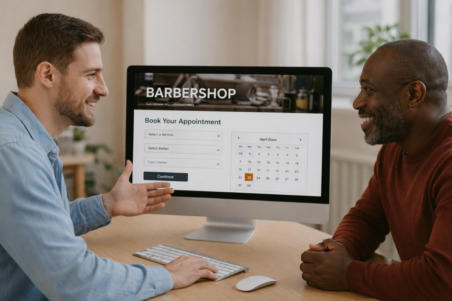 Een webontwikkelaar laat een kapper website zien aan de eigenaar van een kapperszaak. Op de computer wordt een afsprakensysteem weergegeven.