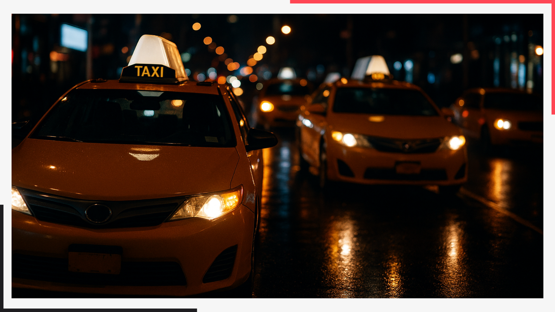 Taxi's in druk verkeer bij nachtelijke omgeving.