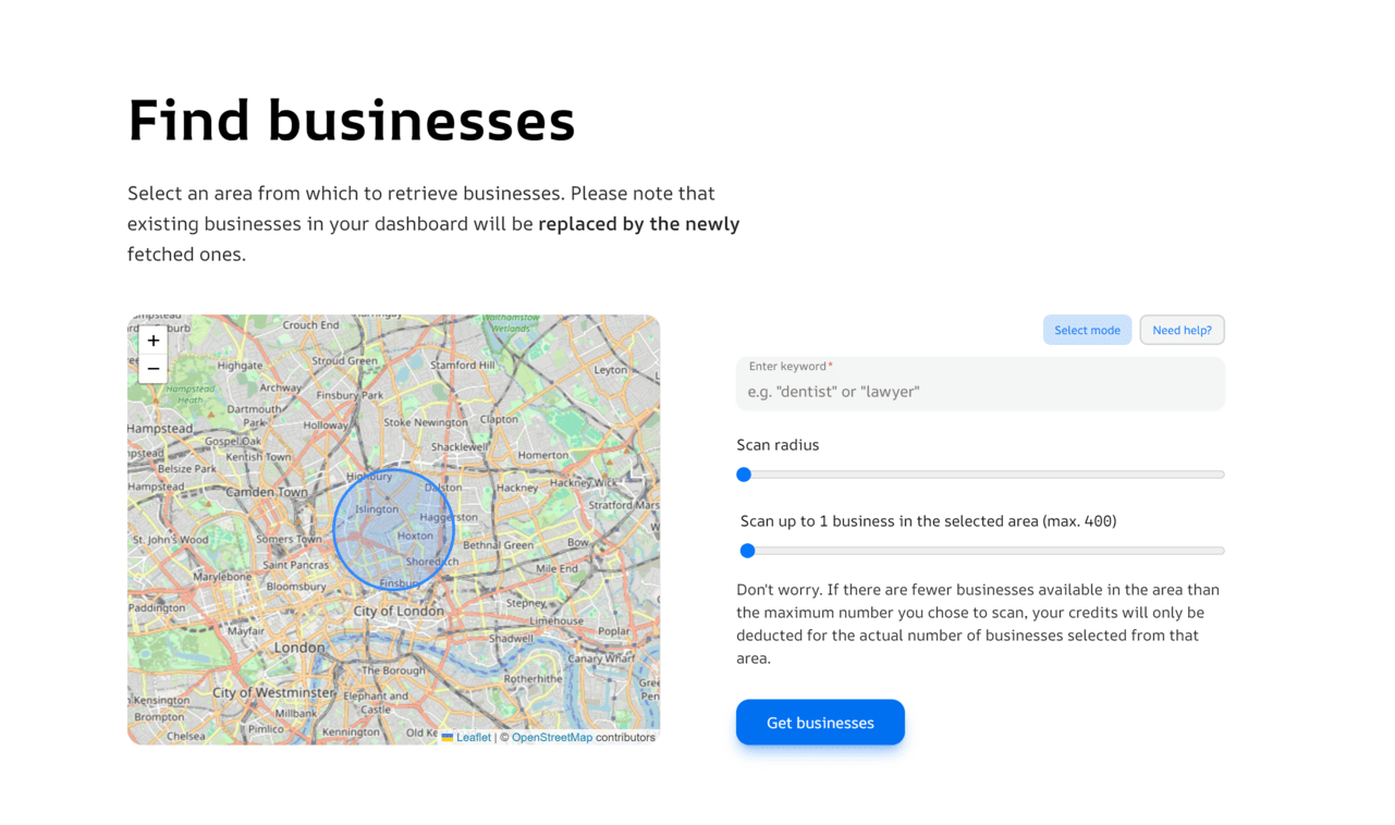 Find Businesses page in Webleadr