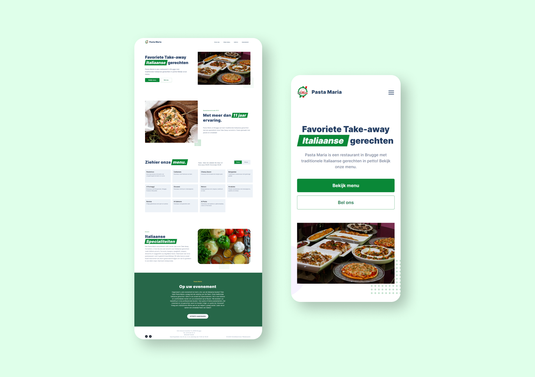 A landing page of the Pasta Maria website, visible on both desktop and mobile views.