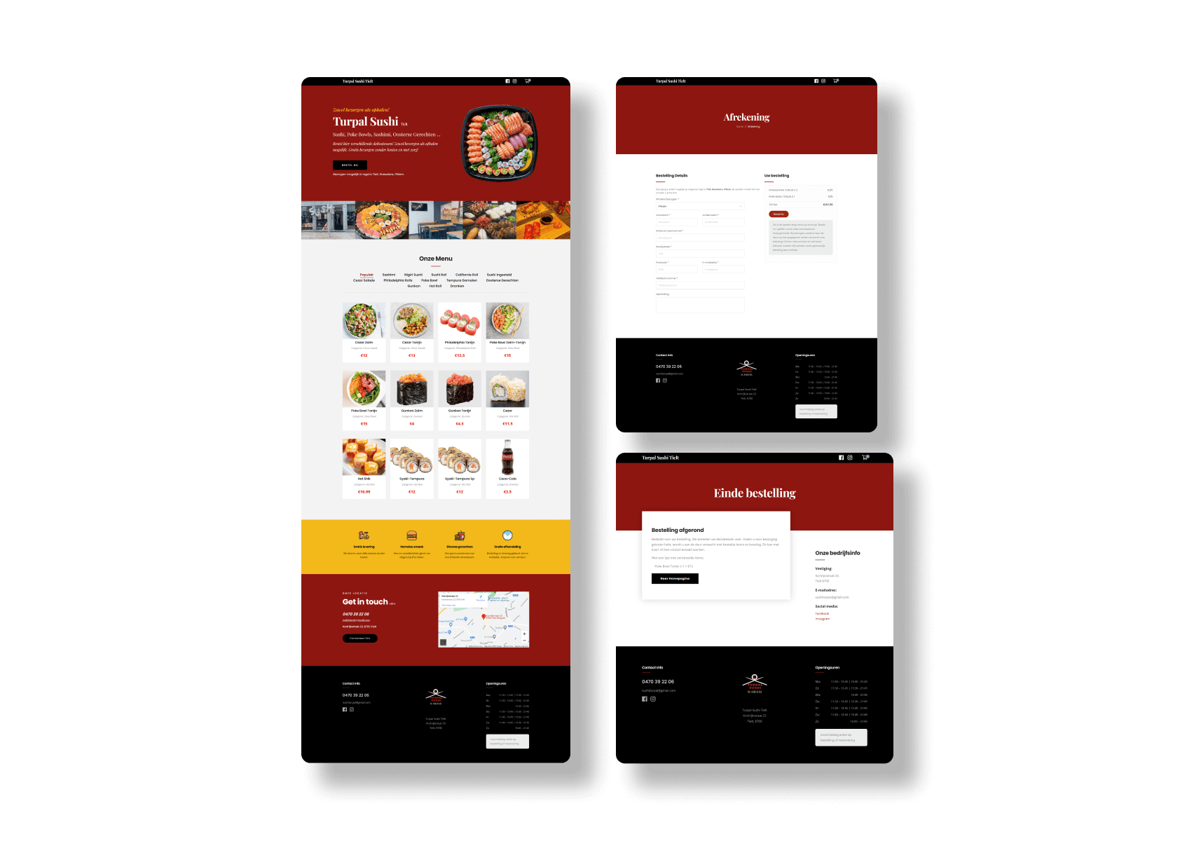 Landing pagina, checkout pagina en een bevestiging pagina van Turpal Sushi Tielt webapp.