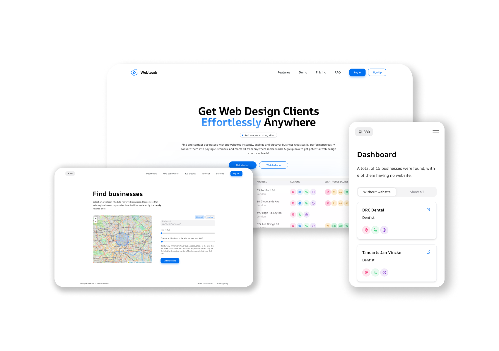 Three web pages of Webleadr: homepage, dashboard, and 'Find businesses' page.