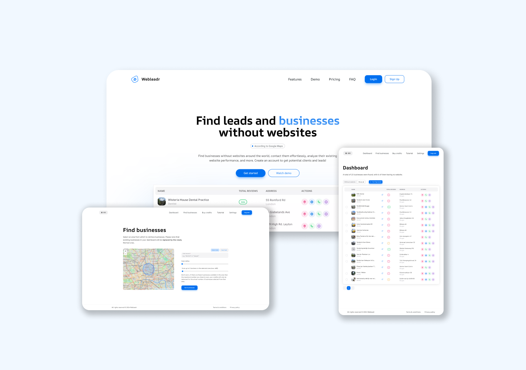 Three web pages of Webleadr: homepage, dashboard, and 'Find businesses' page.